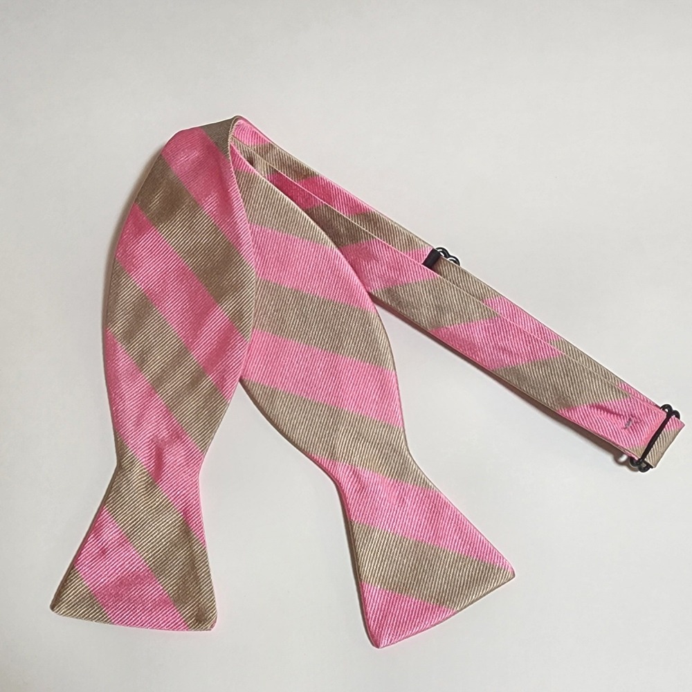 Pink Tan R Hanauer Repp Stripe 100% Silk Bowtie Adjustable